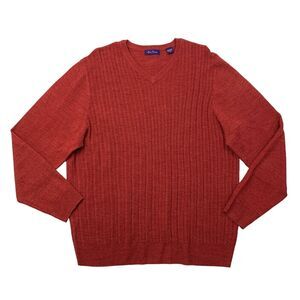 Alan Flusser Sweater Mens XXL 2XL Red Herringbone Ribbed V Neck Acrylic Pullover